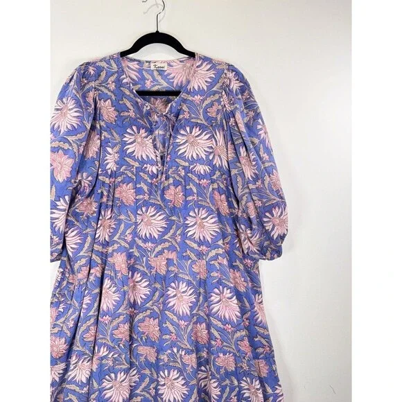 Karni Womens Dress Purple Mini Floral V Neck Puffed A Line Babydoll Boho Large - Picture 4 of 12